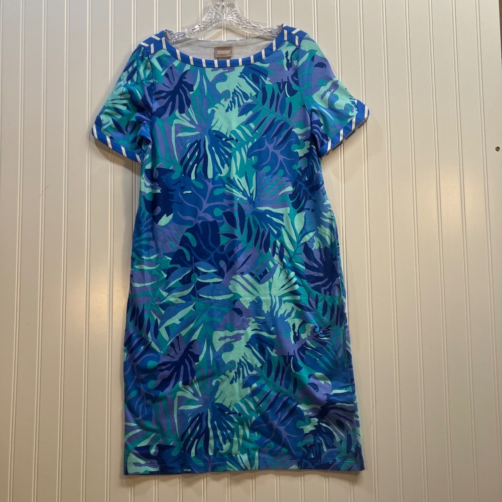 Chico's Blue Tropical Leaf Print Striped Trim T-Shirt Dress Size 0 Small